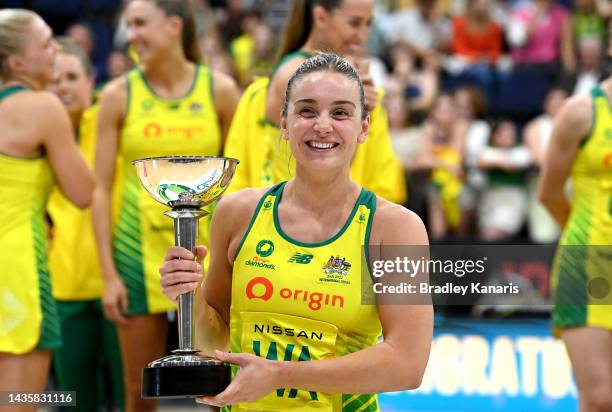 Liz Watson of Australia holds up the Constellation Cup as the Australians celebrate victory after the Constellation Cup match between the Australia...