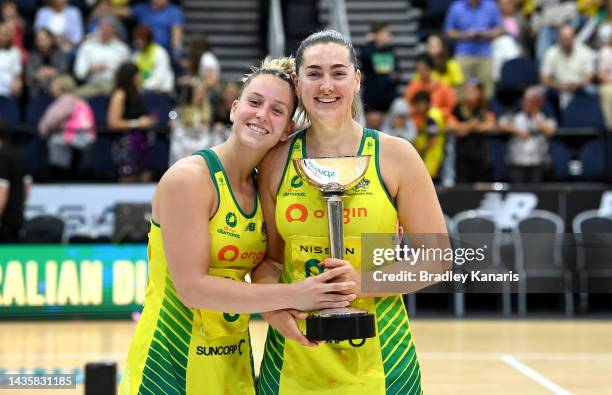 Sophie Garbin and Jamie-Lee Price of Australia celebrate victory after the Constellation Cup match between the Australia Diamonds and New Zealand...