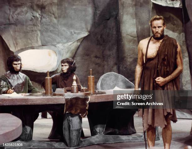 The Planet of the Apes Charlton Heston, Roddy McDowall and Kim Hunter in court room scene from the 1968 sci-fi classic.