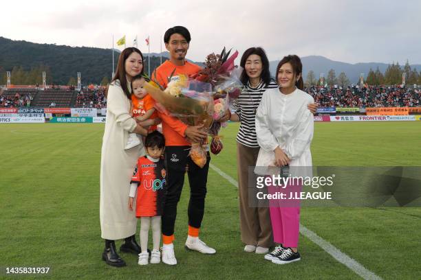 Hirofumi WATANABE of Renofa Yamaguchi FC pose for photographs to celebrate after the J.LEAGUE Meiji Yasuda J2 42nd Sec. Match between Renofa...