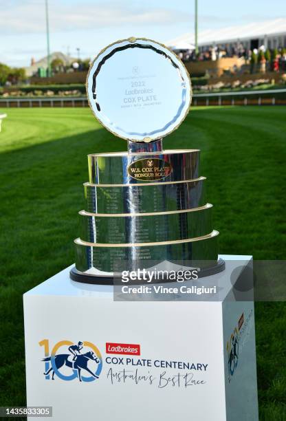 The Cox Plate trophy is seen before Race 9, the Ladbrokes Cox Plate, during Cox Plate Day at Moonee Valley Racecourse on October 22, 2022 in...