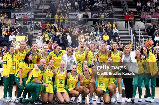 Liz Watson of Australia holds up the Constellation Cup as the Australian team celebrates victory after the Constellation Cup match between the...