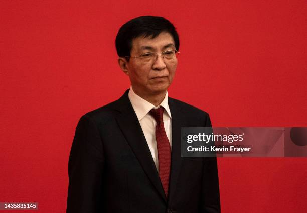 Standing Committee member Wang Huning is seen at a press event with members of the new Standing Committee of the Political Bureau of the Communist...