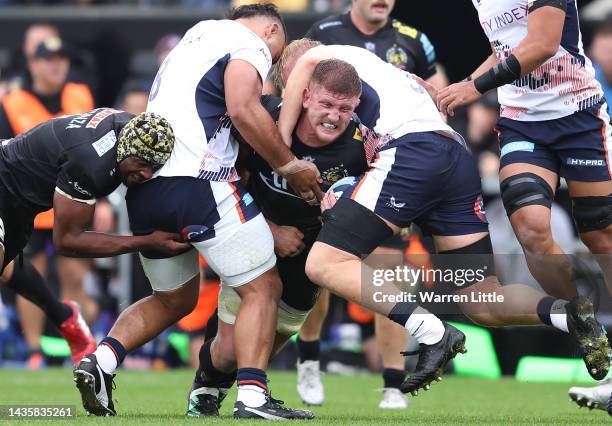 Jacques Vermeulan of Exeter Chiefs is tackled during the Gallagher Premiership Rugby match between Exeter Chiefs and Saracens at Sandy Park on...