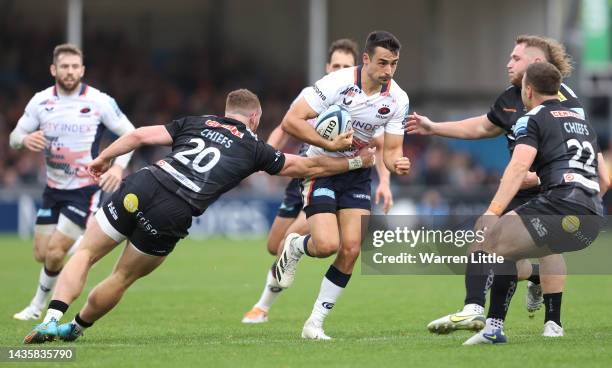 Alex Lozowski of Saracens in action during the Gallagher Premiership Rugby match between Exeter Chiefs and Saracens at Sandy Park on October 22, 2022...