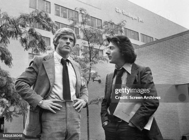 All The President's Men Dustin Hoffman and Robert Redford pictured outside the Washington Post building in their roles as Watergate reporters Carl...