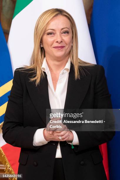 Italy's new Prime Minister Giorgia Meloni speaks to media during a handover ceremony, at Chigi Palace, on October 23, 2022 in Rome, Italy.