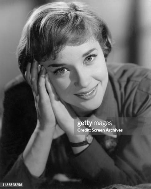 Sylvia Syms early studio publicity portrait of the English actress circa 1956.