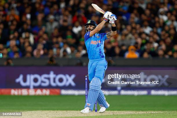 Virat Kohli of India bats during the ICC Men's T20 World Cup match between India and Pakistan at Melbourne Cricket Ground on October 23, 2022 in...