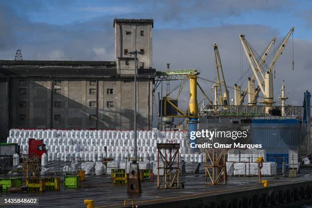 Bags with fertilizer from Poland's Azoty Group are seen on a loading deck at Gdansk Port on October 2, 2022 in Gdansk, Poland. Prime Minister Mateusz...