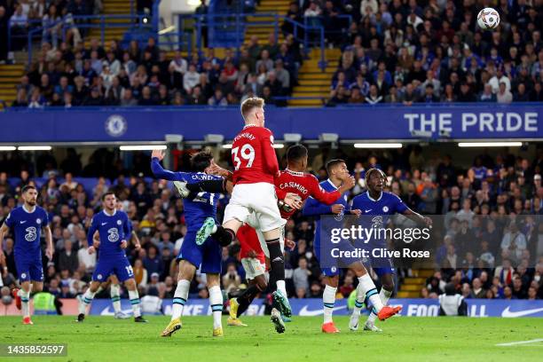 Casemiro of Manchester United scores their team's first goal during the Premier League match between Chelsea FC and Manchester United at Stamford...