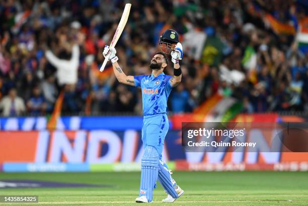 Virat Kohli of India celebrates winning the ICC Men's T20 World Cup match between India and Pakistan at Melbourne Cricket Ground on October 23, 2022...