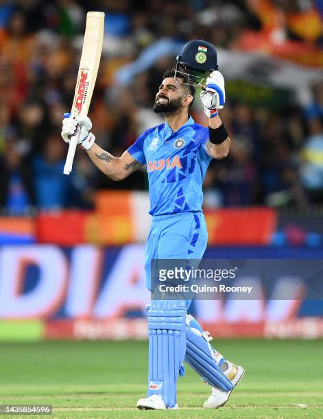 Virat Kohli of India celebrates winning the ICC Men's T20 World Cup match between India and Pakistan at Melbourne Cricket Ground on October 23, 2022...