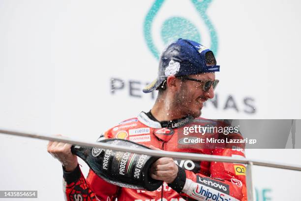 Francesco Bagnaia of Italy and Ducati Lenovo Team celebrates the victory on the podium during the MotoGP race during the MotoGP of Malaysia - Race at...
