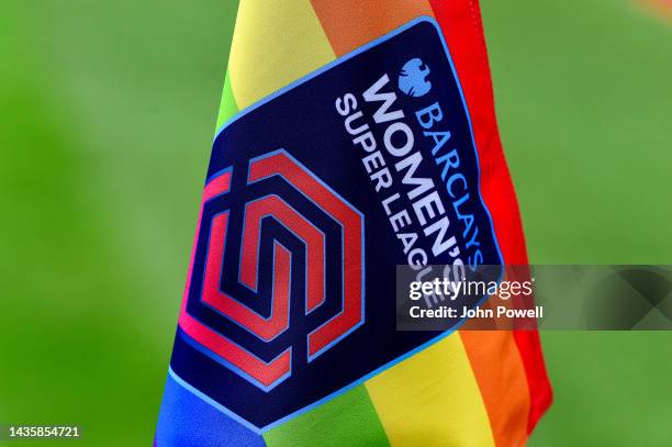 Barclays Women's Super League Rainbow Laces campaign corner flag during the FA WSL match between Liverpool Women and Arsenal Women at Prenton Park on...