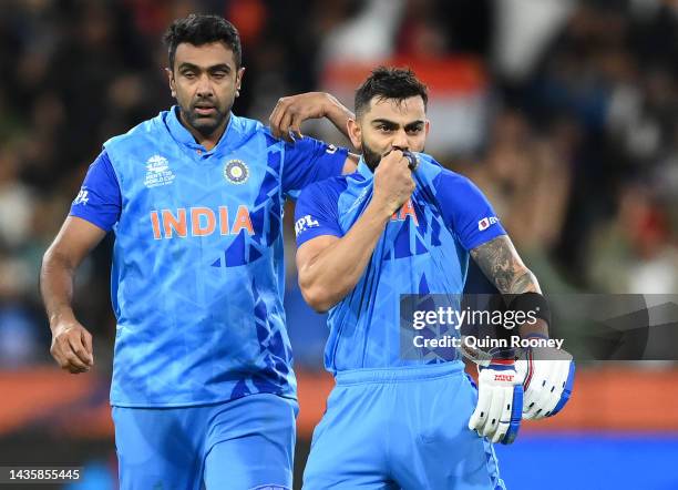 Virat Kohli of India celebrates winning the ICC Men's T20 World Cup match between India and Pakistan at Melbourne Cricket Ground on October 23, 2022...