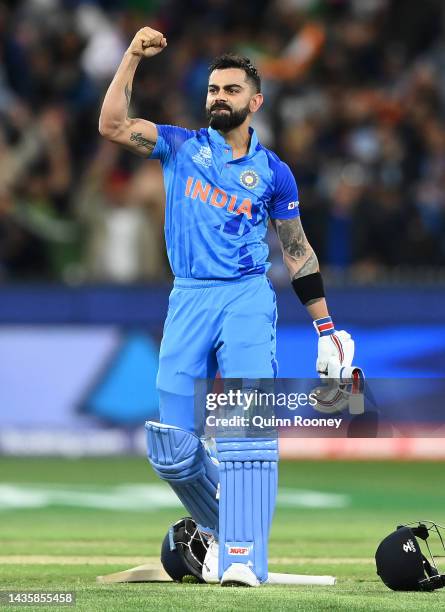 Virat Kohli of India celebrates winning the ICC Men's T20 World Cup match between India and Pakistan at Melbourne Cricket Ground on October 23, 2022...