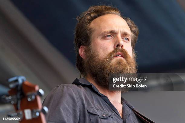 Singer-songwriter Samuel Beam of Iron & Wine performs during the 2012 New Orleans Jazz & Heritage Festival at the Fair Grounds Race Course on April...