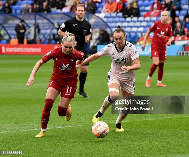 Melissa Lawley of Liverpool Women competing with Caitlin Foord of Arsenal Women during the FA WSL match between Liverpool Women and Arsenal Women at...