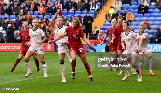 Katie Stengel of Liverpool Women competing with Steph Catley of Arsenal Women during the FA WSL match between Liverpool Women and Arsenal Women at...