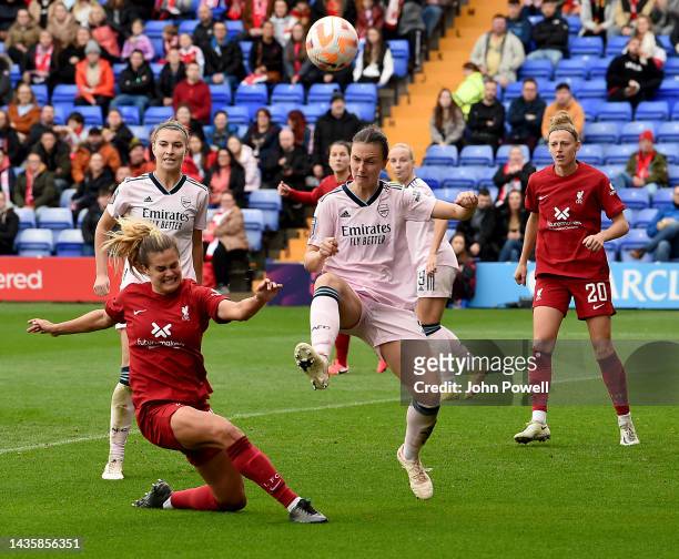 Katie Stengel of Liverpool Women competing with Beth Mead of Arsenal Women during the FA WSL match between Liverpool Women and Arsenal Women at...