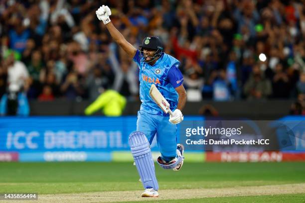 Ravichandran Ashwin of India celebrates scoring the match winning runs in a super over during the ICC Men's T20 World Cup match between India and...