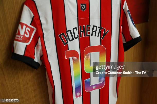 The shirt of Charley Docherty of Sheffield United is displayed in the changing rooms with a rainbow number prior to the Barclays FA Women's...