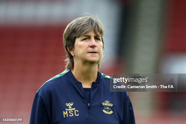 Marieanne Spacey, Manager of Southampton inspects the pitch prior to the Barclays FA Women's Championship match between Sheffield United Women and...