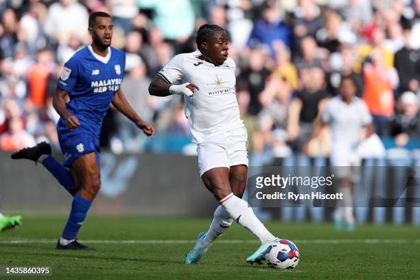 Michael Obafemi of Swansea City scores their side's second goal during the Sky Bet Championship between Swansea City and Cardiff City at Liberty...