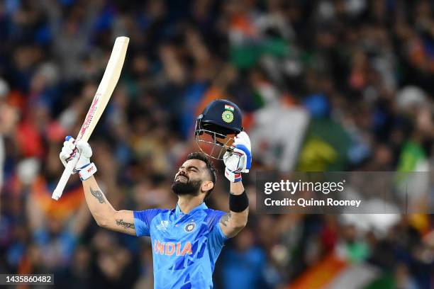 Virat Kohli of India celebrates winning the ICC Men's T20 World Cup match between India and Pakistan at Melbourne Cricket Ground on October 23, 2022...