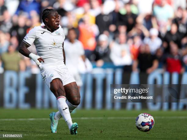 Michael Obafemi of Swansea City scores their side's second goal during the Sky Bet Championship between Swansea City and Cardiff City at Liberty...