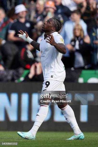 Michael Obafemi of Swansea City celebrates scoring their side's second goal during the Sky Bet Championship between Swansea City and Cardiff City at...