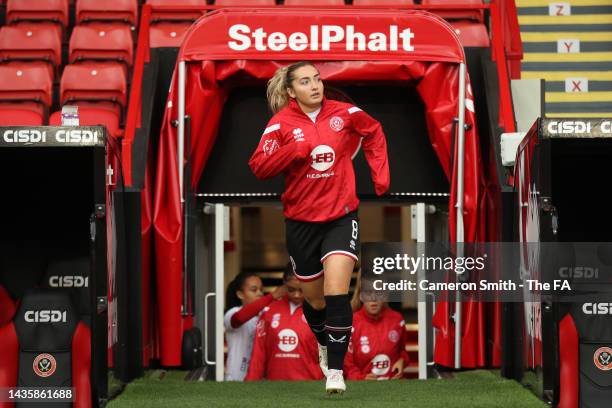 Maddy Cusack of Sheffield United walks out for warm ups prior to the Barclays FA Women's Championship match between Sheffield United Women and...