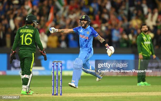 Virat Kohli celebrates after India won the ICC Men's T20 World Cup match between India and Pakistan at Melbourne Cricket Ground on October 23, 2022...