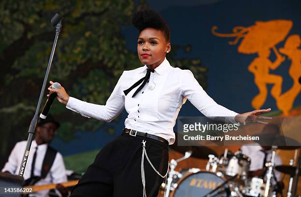 Singer Janelle Monae performs during the 2012 New Orleans Jazz & Heritage Festival at the Fair Grounds Race Course on April 29, 2012 in New Orleans,...