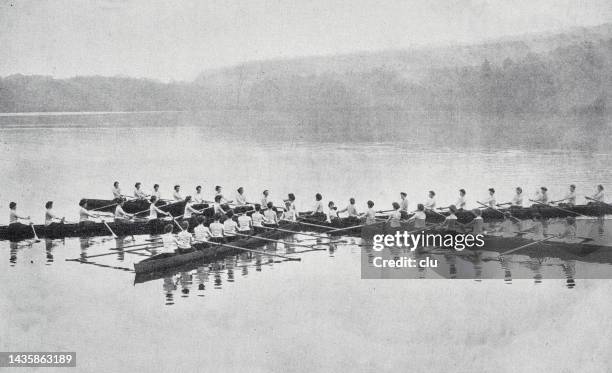 ilustraciones, imágenes clip art, dibujos animados e iconos de stock de wellesley college, ee.uu., una universidad de mujeres, festival del agua con regata, formación estelar de cinco barcos - rowing