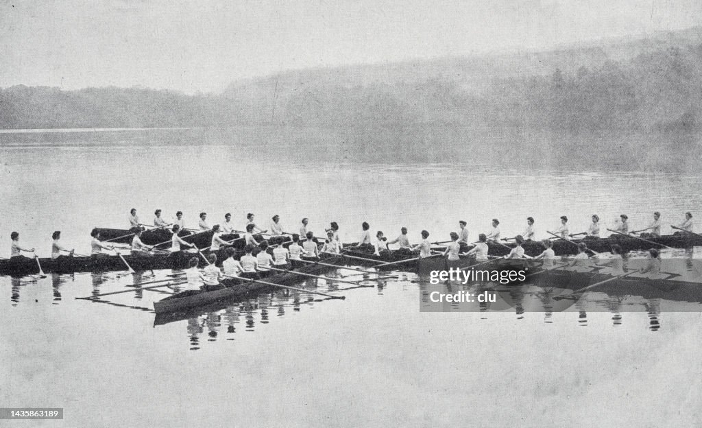 Wellesley College, USA, a women's college, water festival with regatta, star formation of five boats