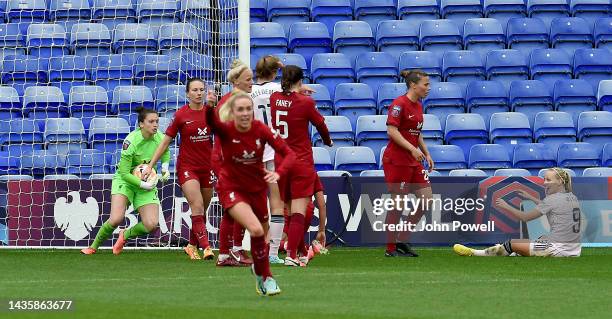 Rachael Laws of Liverpool Women after making a save during the FA WSL match between Liverpool Women and Arsenal Women at Prenton Park on October 23,...