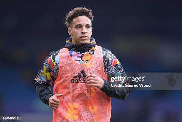 Rodrigo Moreno of Leeds United warms up wearing the Adidas 'Love Unites' warm up top prior to the Premier League match between Leeds United and...