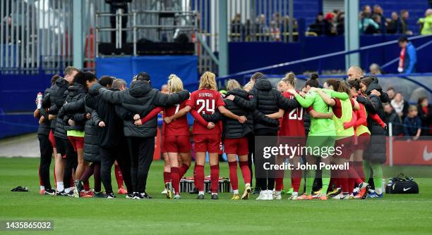 Matt Beard manager of Liverpool Women talking with his team at the end of the FA WSL match between Liverpool Women and Arsenal Women at Prenton Park...