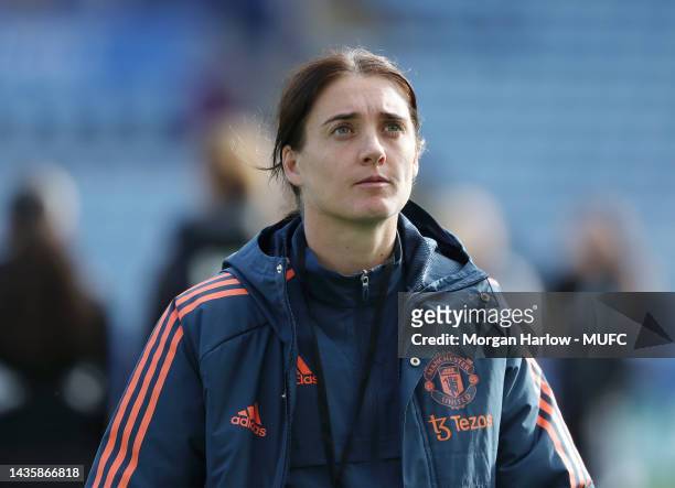 Jade Moore of Manchester United Women arrives ahead of the FA Women's Super League match between Leicester City and Manchester United at The King...