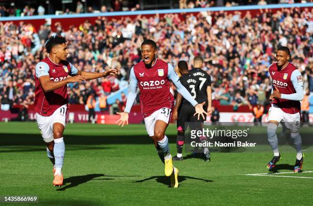 Leon Bailey of Aston Villa celebrates after scoring their team's first goal during the Premier League match between Aston Villa and Brentford FC at...