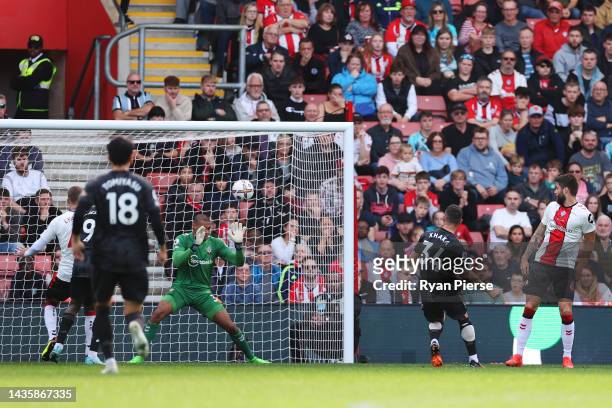 Granit Xhaka of Arsenal scores their team's first goal during the Premier League match between Southampton FC and Arsenal FC at Friends Provident St....