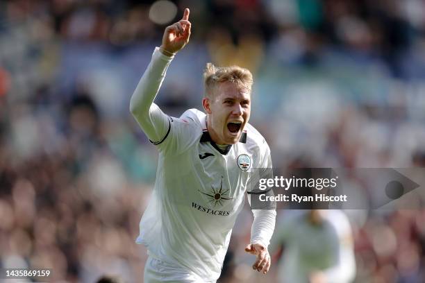 Ollie Cooper of Swansea City celebrates scoring their side's first goal during the Sky Bet Championship between Swansea City and Cardiff City at...