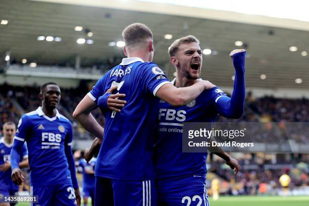 Harvey Barnes of Leicester City celebrates after scoring their team's second goal during the Premier League match between Wolverhampton Wanderers and...