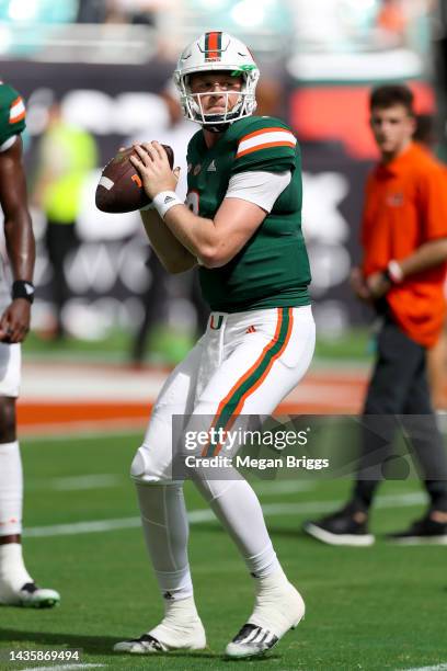 Tyler Van Dyke of the Miami Hurricanes warms up prior to playing the Duke Blue Devils at Hard Rock Stadium on October 22, 2022 in Miami Gardens,...