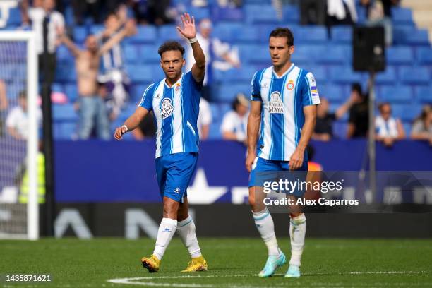 Martin Braithwaite of RCD Espanyol celebrates after scoring their team's second goal during the LaLiga Santander match between RCD Espanyol and Elche...