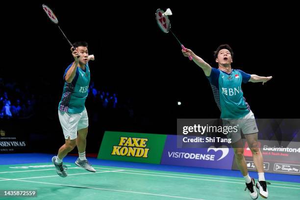 Marcus Fernaldi Gideon and Kevin Sanjaya Sukamuljo of Indonesia compete in the Men's Double Final match against Fajar Alfian and Muhammad Rian...