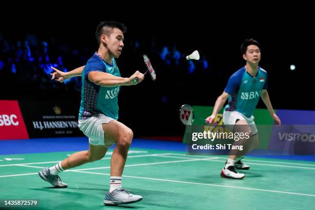 Marcus Fernaldi Gideon and Kevin Sanjaya Sukamuljo of Indonesia compete in the Men's Double Final match against Fajar Alfian and Muhammad Rian...