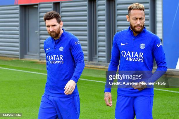 Leo Messi and Neymar Jr look on during a Paris Saint-Germain training session ahead of their UEFA Champions League group H match against Maccabi...